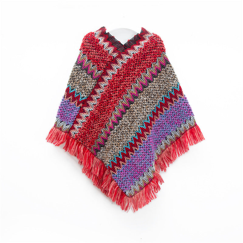 Red Lightweight Chevron Knit Poncho For Women - Elegant Fringed Shawl Wrap