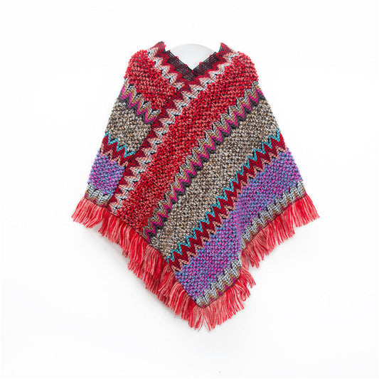 Red Lightweight Chevron Knit Poncho For Women - Elegant Fringed Shawl Wrap