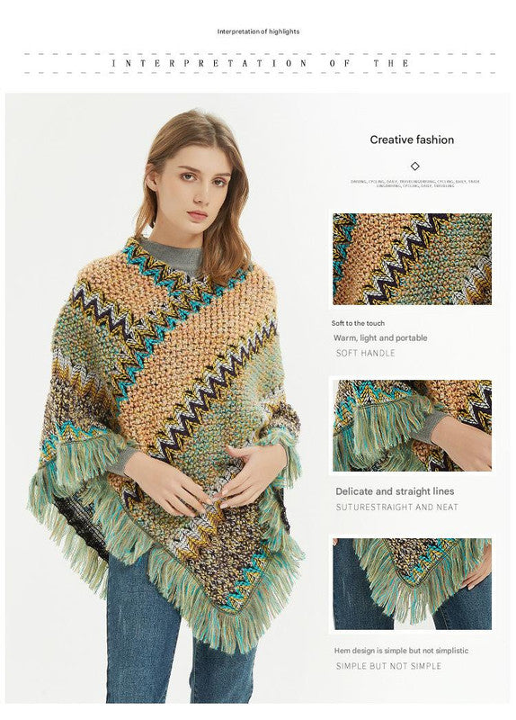 Red Lightweight Chevron Knit Poncho For Women - Elegant Fringed Shawl Wrap