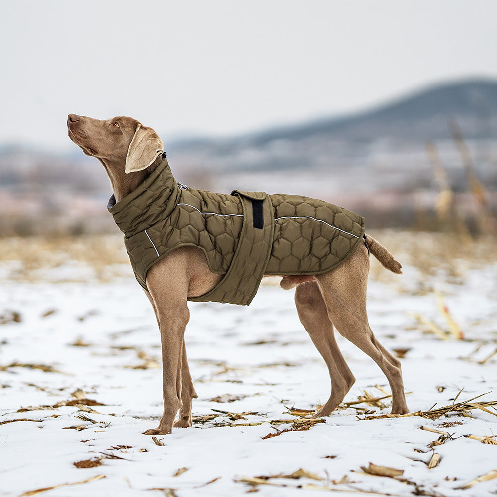 Size L Olive Green Warm Quilted Dog Winter Coat Adjustable Fleece Lined Puffer Vest With Reflective Trim & Leash Port