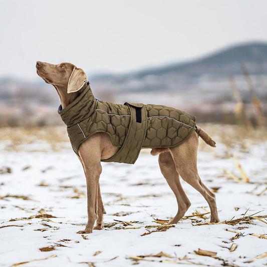 Size L Olive Green Warm Quilted Dog Winter Coat Adjustable Fleece Lined Puffer Vest With Reflective Trim & Leash Port