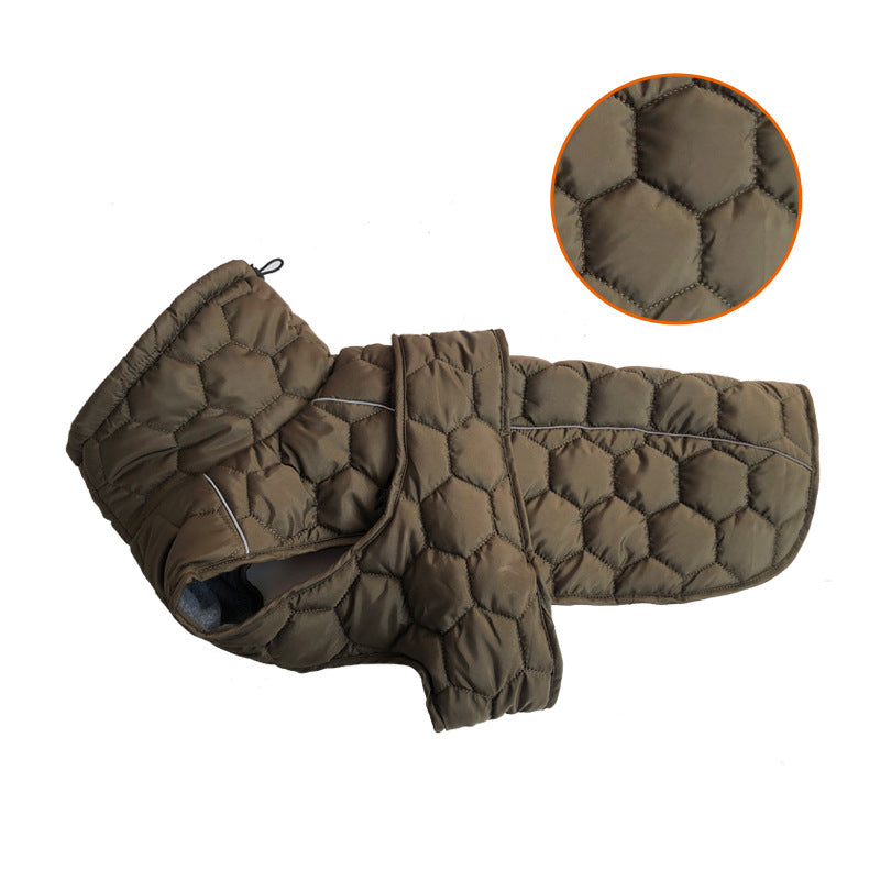 Size L Olive Green Warm Quilted Dog Winter Coat Adjustable Fleece Lined Puffer Vest With Reflective Trim & Leash Port