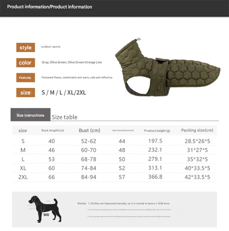 Size L Olive Green Warm Quilted Dog Winter Coat Adjustable Fleece Lined Puffer Vest With Reflective Trim & Leash Port