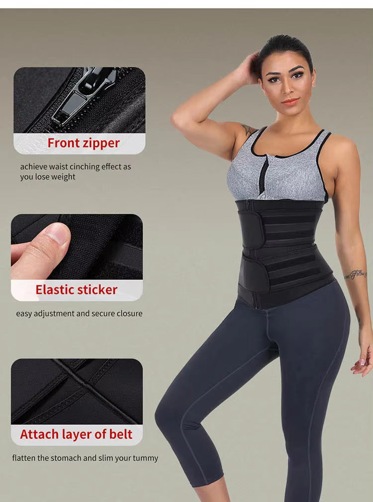 Size L Black Womens Sweat Enhancing Waist Trainer Belt Dual Strap Zipper Tummy Control Cincher