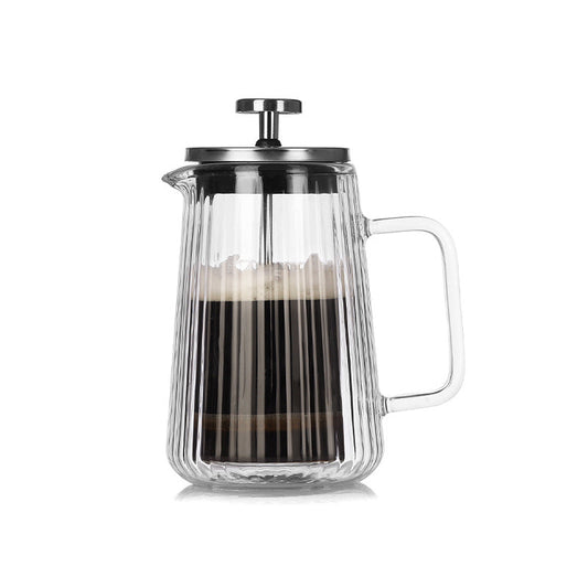 350Ml Transparent Elegant Ribbed Double Wall Glass French Press Heat Resistant Coffee Tea Maker With Stainless Steel Fil