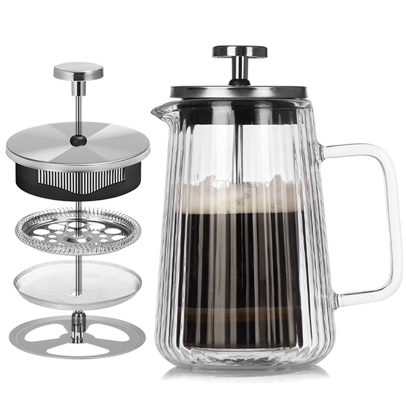 350Ml Transparent Elegant Ribbed Double Wall Glass French Press Heat Resistant Coffee Tea Maker With Stainless Steel Fil