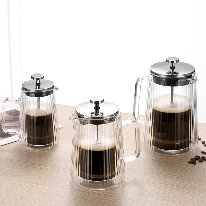 350Ml Transparent Elegant Ribbed Double Wall Glass French Press Heat Resistant Coffee Tea Maker With Stainless Steel Fil