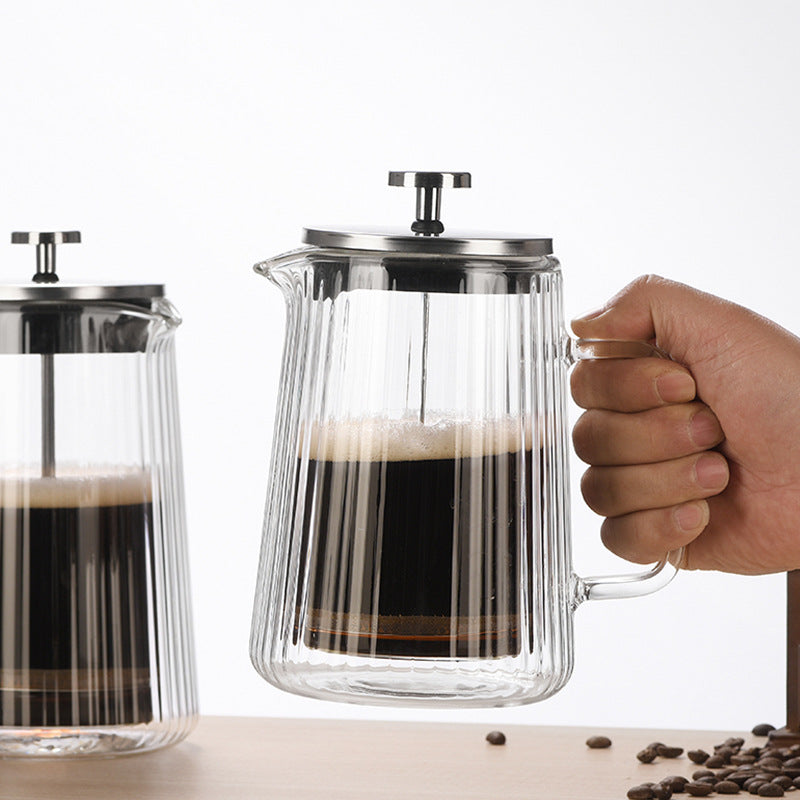 350Ml Transparent Elegant Ribbed Double Wall Glass French Press Heat Resistant Coffee Tea Maker With Stainless Steel Fil