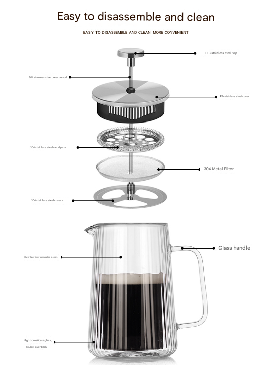 350Ml Transparent Elegant Ribbed Double Wall Glass French Press Heat Resistant Coffee Tea Maker With Stainless Steel Fil