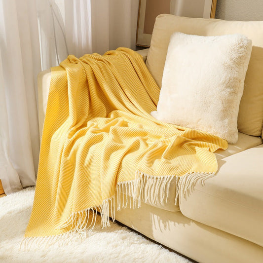 130X240cm Yellow Elegant Herringbone Tassel Throw Blanket Large Acrylic Faux Cashmere Soft