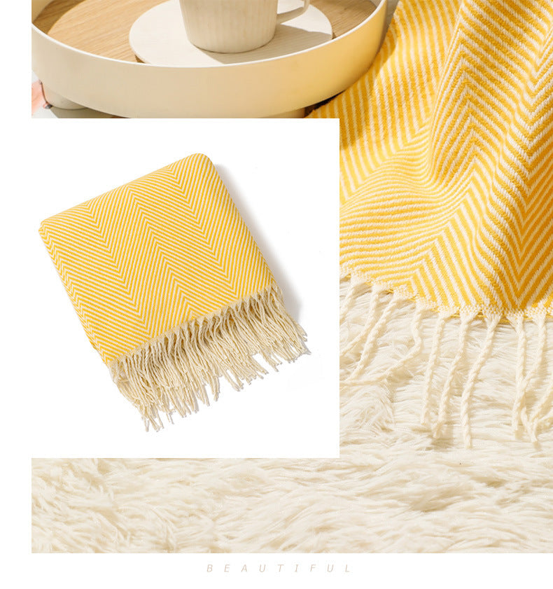 130X240cm Yellow Elegant Herringbone Tassel Throw Blanket Large Acrylic Faux Cashmere Soft