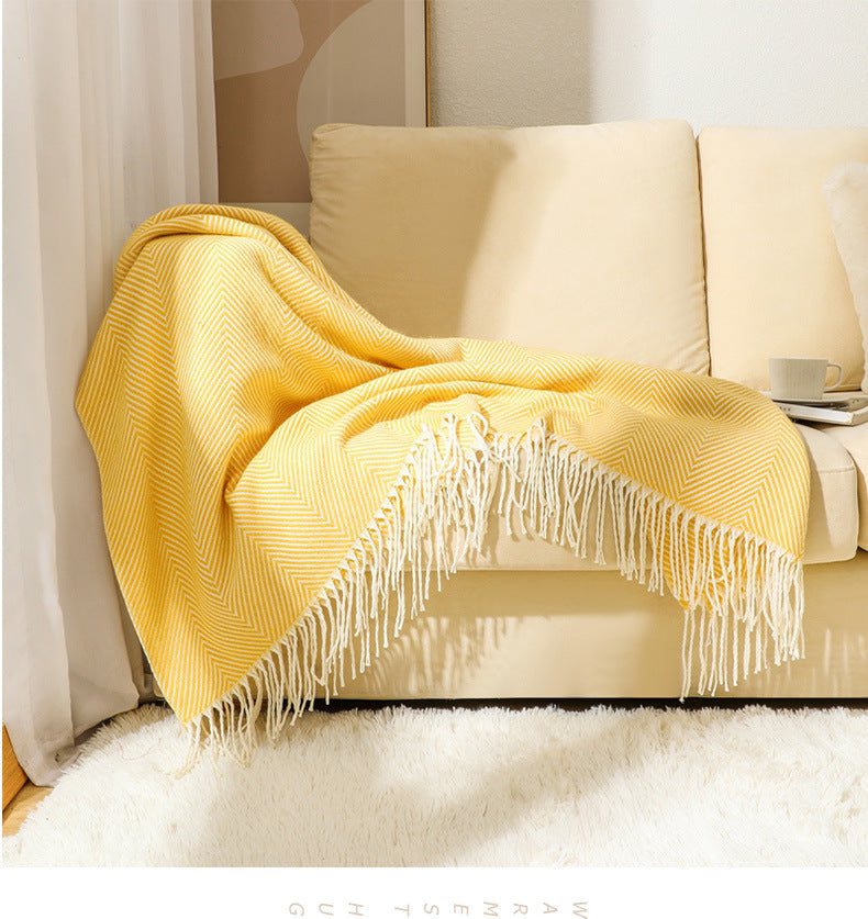 130X240cm Yellow Elegant Herringbone Tassel Throw Blanket Large Acrylic Faux Cashmere Soft