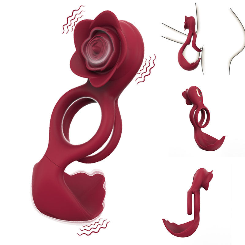 Red Romantic Rose Dual Motor Vibrating Couples Pleasure Ring Rechargeable Silicone Enhancer