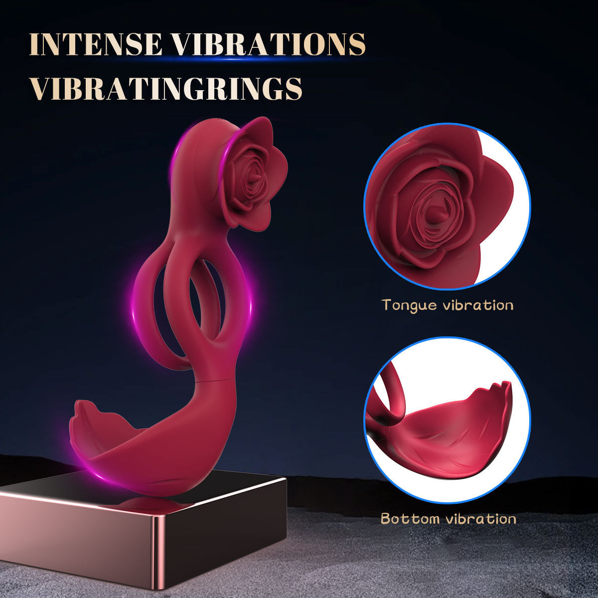 Red Romantic Rose Dual Motor Vibrating Couples Pleasure Ring Rechargeable Silicone Enhancer