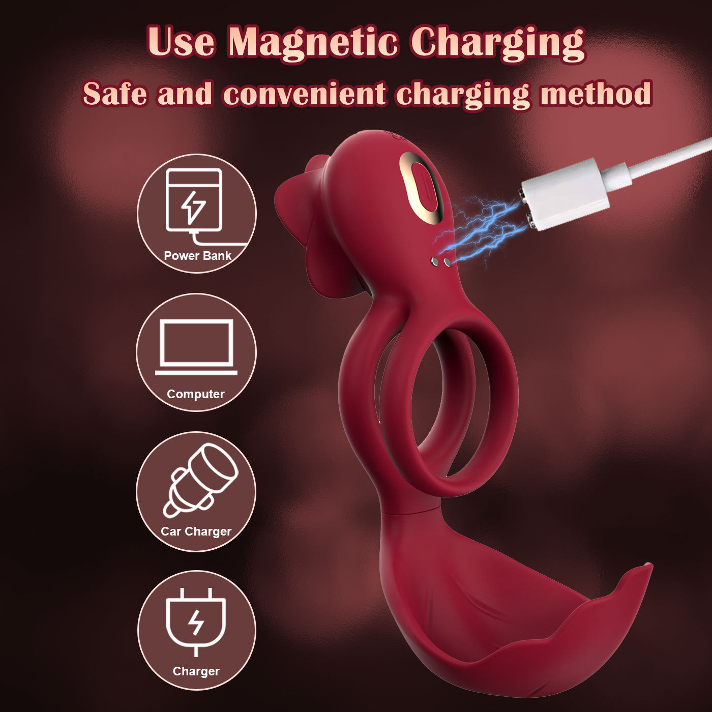 Red Romantic Rose Dual Motor Vibrating Couples Pleasure Ring Rechargeable Silicone Enhancer