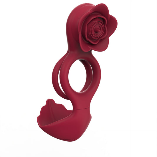 Red Romantic Rose Dual Motor Vibrating Couples Pleasure Ring Rechargeable Silicone Enhancer