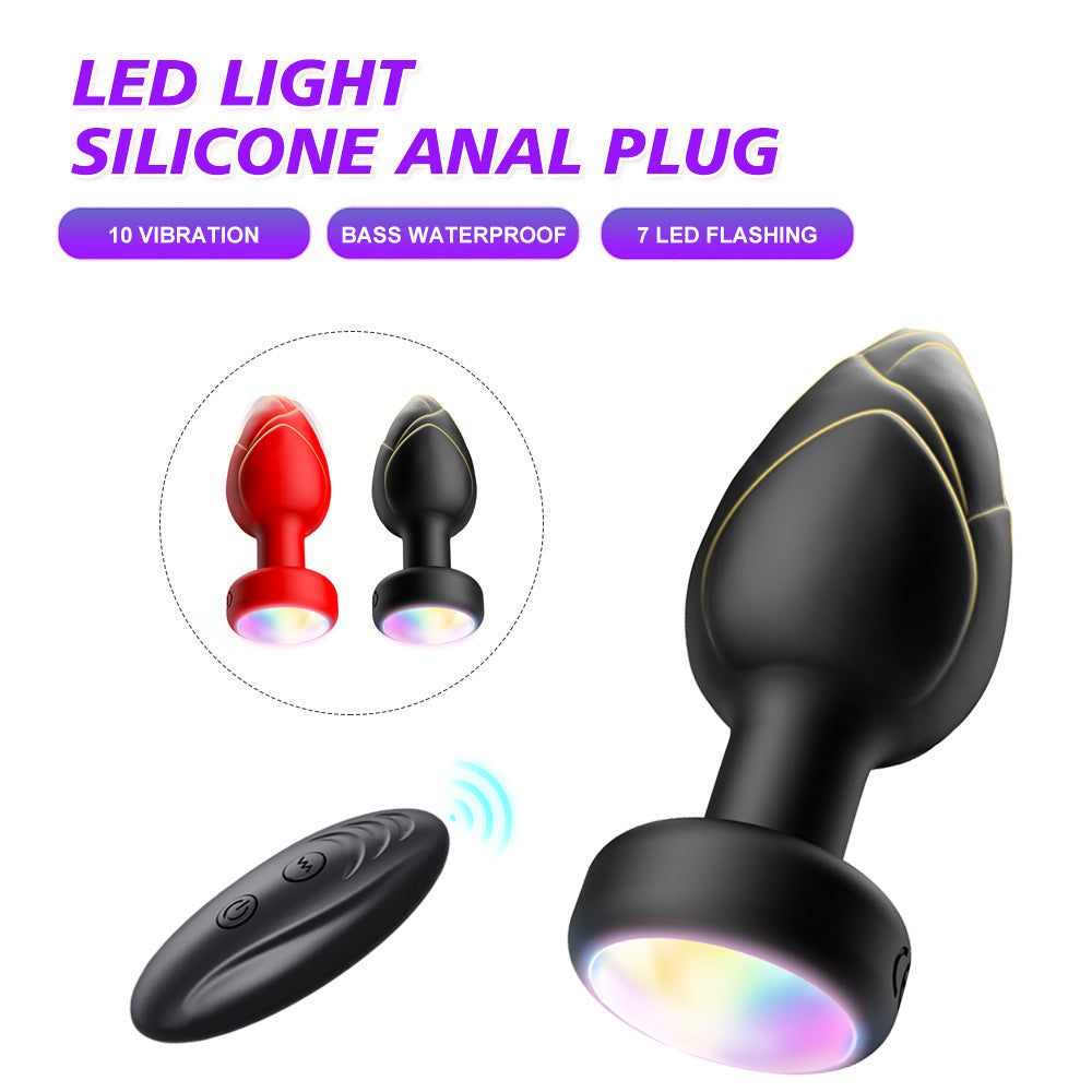 Black Luminous Led Vibrating Anal Plug With Wireless Remote 10 Speeds 7 Light Modes Waterproof Silicone