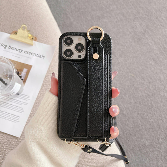 Black Chic Pu Leather Crossbody Wallet Case For Iphone 16 Card Holder With Detachable Strap & Finger Ring Grip
