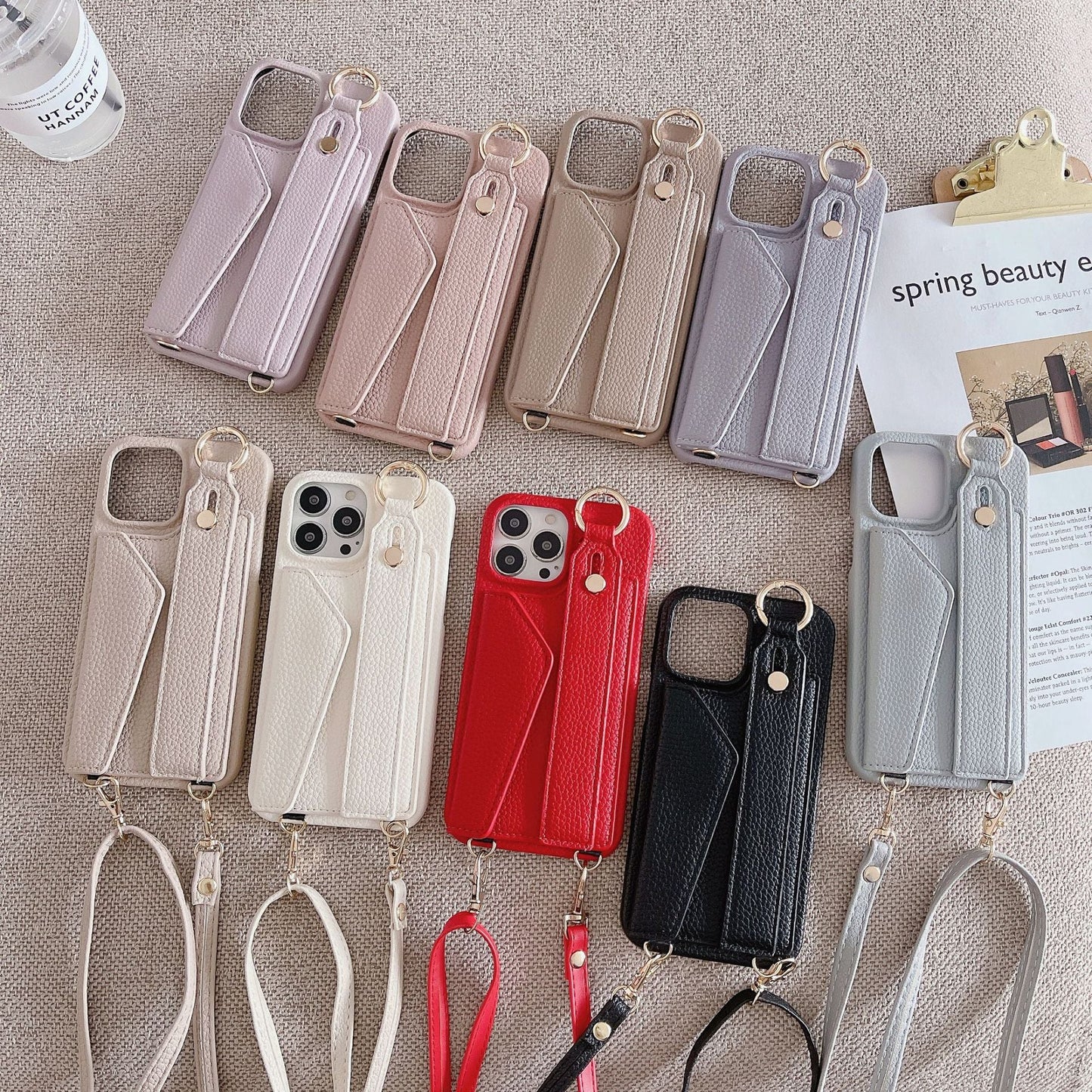 Black Chic Pu Leather Crossbody Wallet Case For Iphone 16 Card Holder With Detachable Strap & Finger Ring Grip