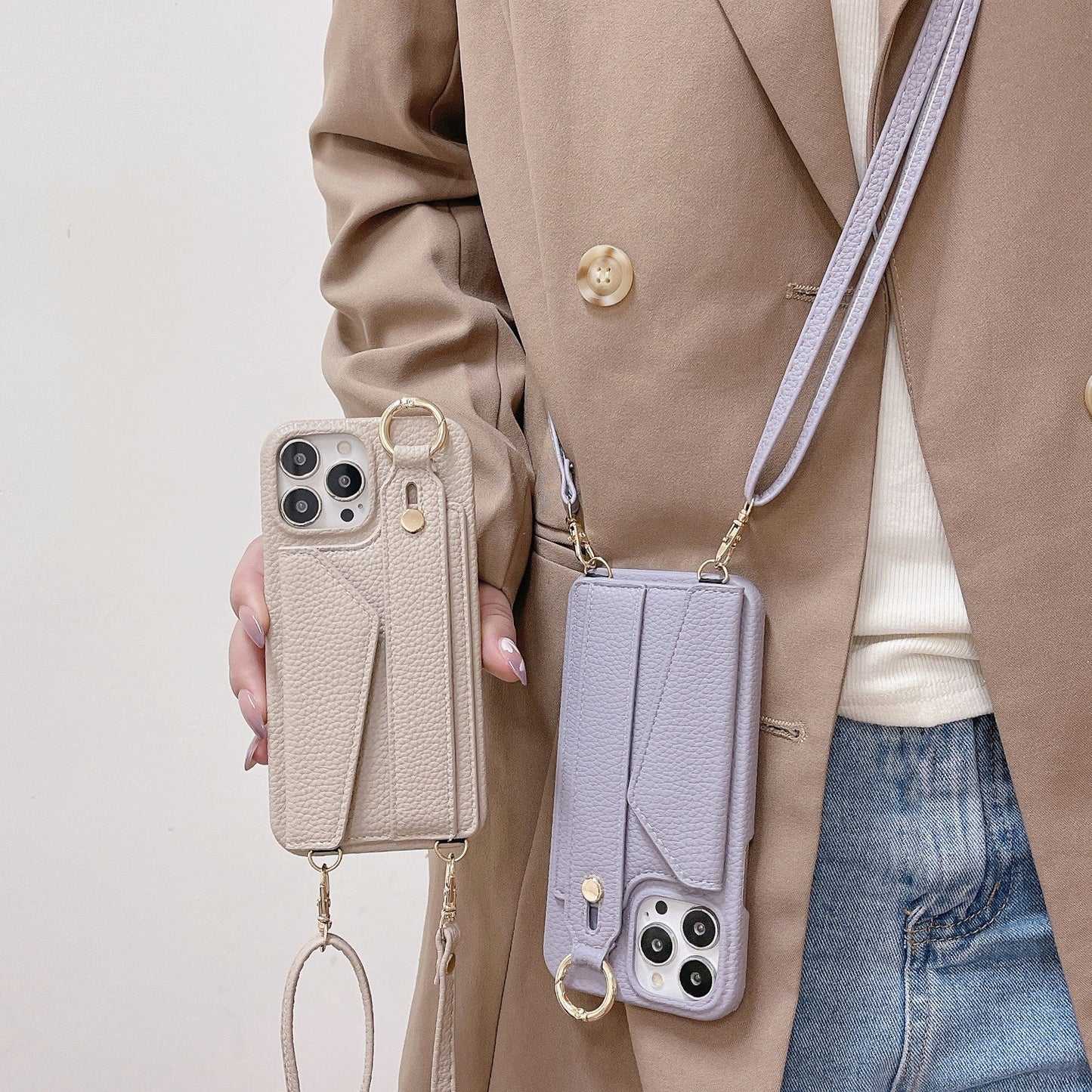 Black Chic Pu Leather Crossbody Wallet Case For Iphone 16 Card Holder With Detachable Strap & Finger Ring Grip