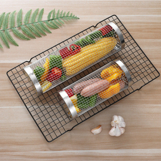 2 Pcs Size L Silver Rolling Stainless Steel Bbq Grill Basket Cylindrical Grilling Cage For Veggies Meats & More (304 Foo