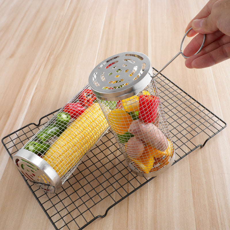 2 Pcs Size L Silver Rolling Stainless Steel Bbq Grill Basket Cylindrical Grilling Cage For Veggies Meats & More (304 Foo