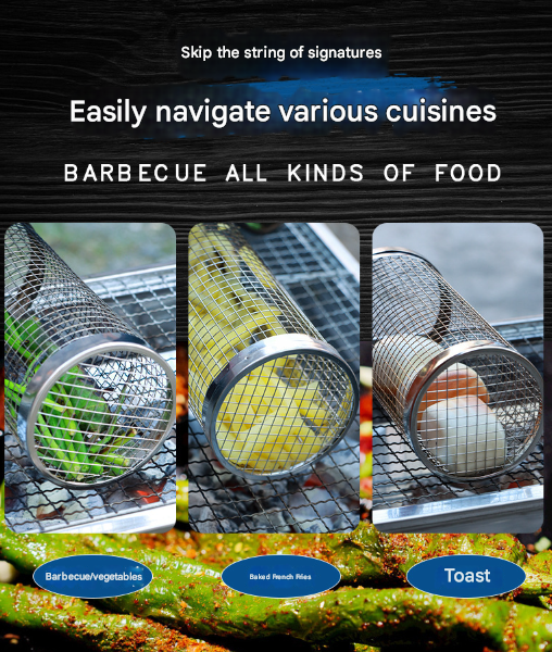 2 Pcs Size L Silver Rolling Stainless Steel Bbq Grill Basket Cylindrical Grilling Cage For Veggies Meats & More (304 Foo