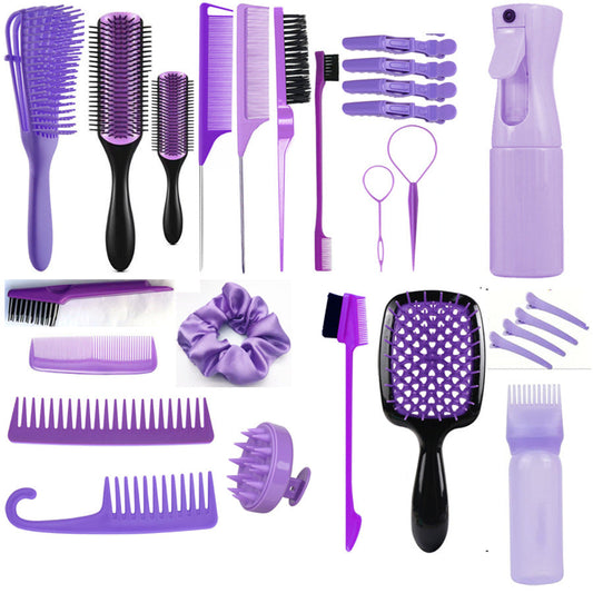 Purple Ultimate 27 Piece Hair Styling & Care Kit Detangling Brushes Combs Scalp Massager Salon Accessories