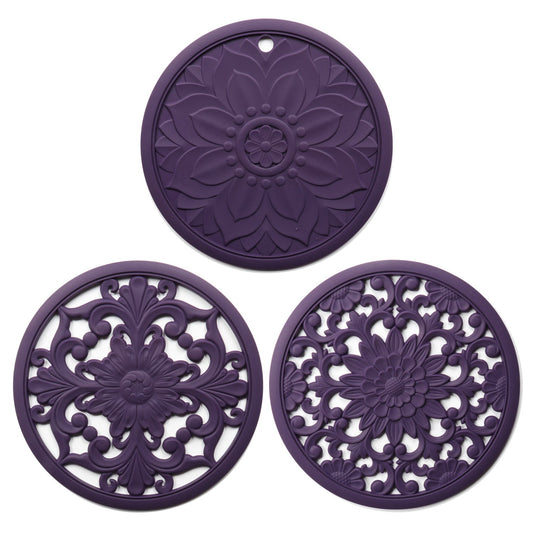 Elegant Floral Silicone Trivet Mat Set (3-Pack Dark Purple) Heat Resistant Non-Slip Kitchen Hot Pads & Pot Holders