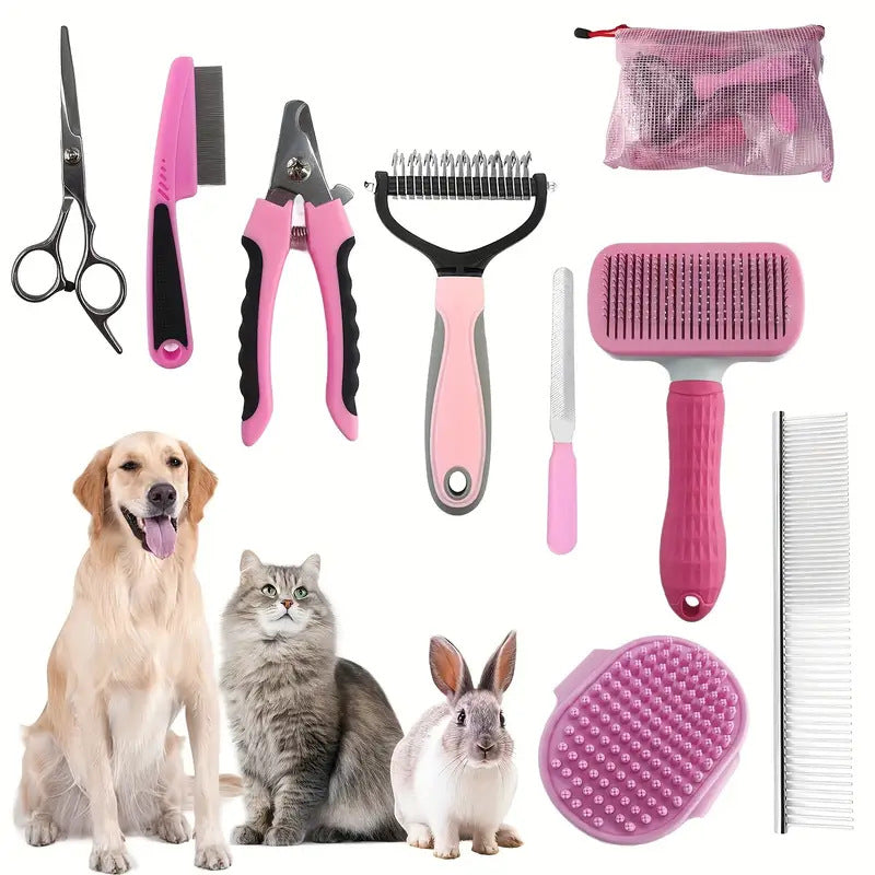 Pink Professional 9 Piece Pet Grooming Kit Deshedding Brushes Nail Clippers Combs & Scissors Set For Dogs Cats Rabbits W