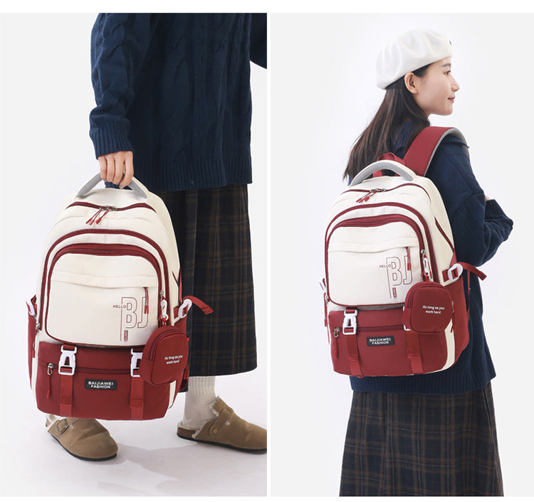 Red And White Large Capacity Student Backpack Durable Oxford Cloth School Bag With Laptop Compartment & Multiple Pockets