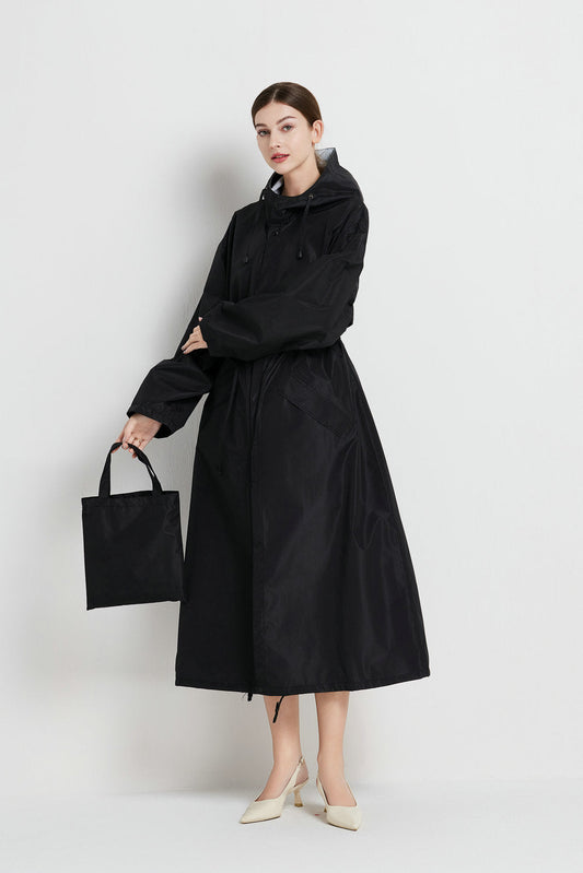 Size M Black Womens Chic Lightweight Waterproof Raincoat Long Hooded Packable Jacket With Pouch