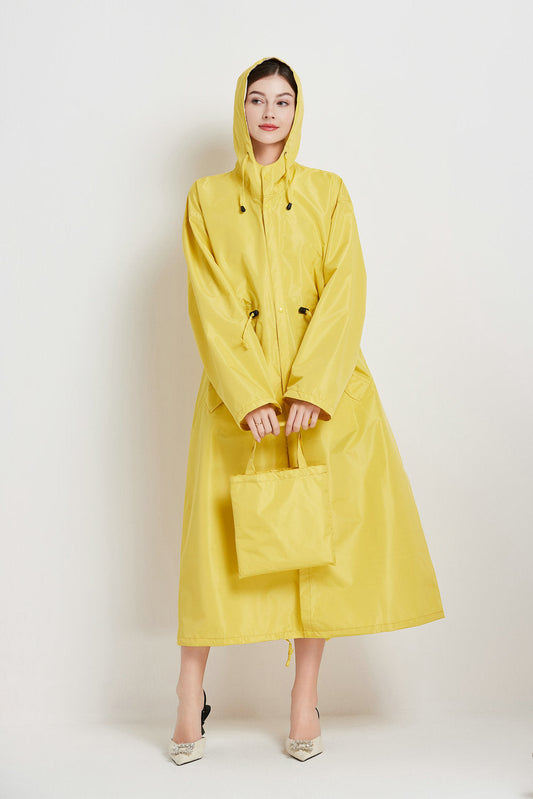 Size M Yellow Womens Chic Lightweight Waterproof Raincoat Long Hooded Packable Jacket With Pouch