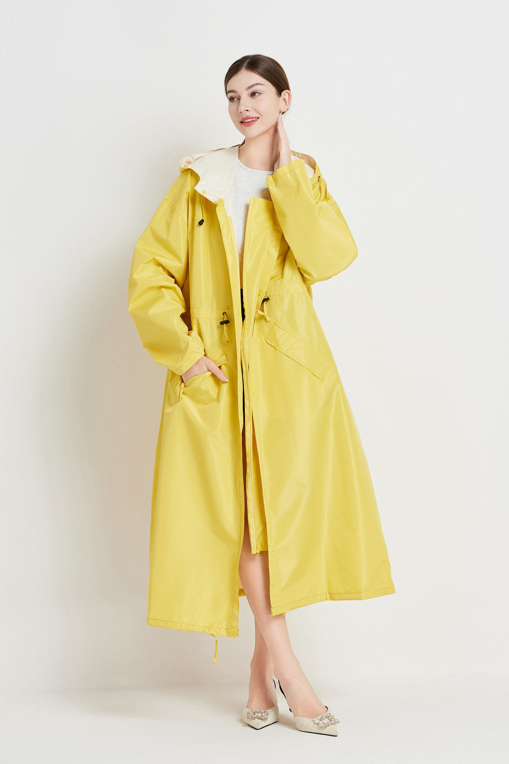 Size M Yellow Womens Chic Lightweight Waterproof Raincoat Long Hooded Packable Jacket With Pouch