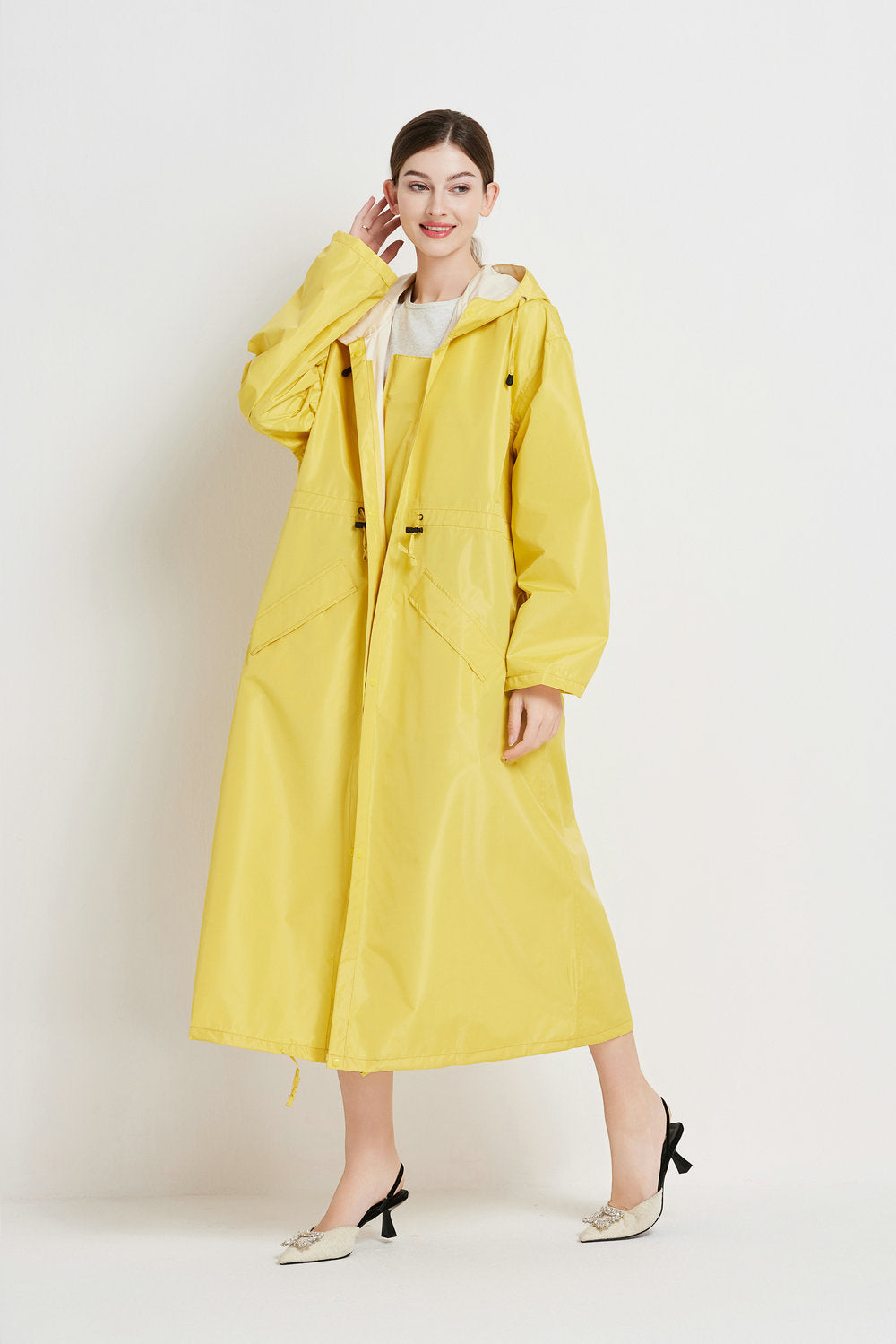 Size M Yellow Womens Chic Lightweight Waterproof Raincoat Long Hooded Packable Jacket With Pouch