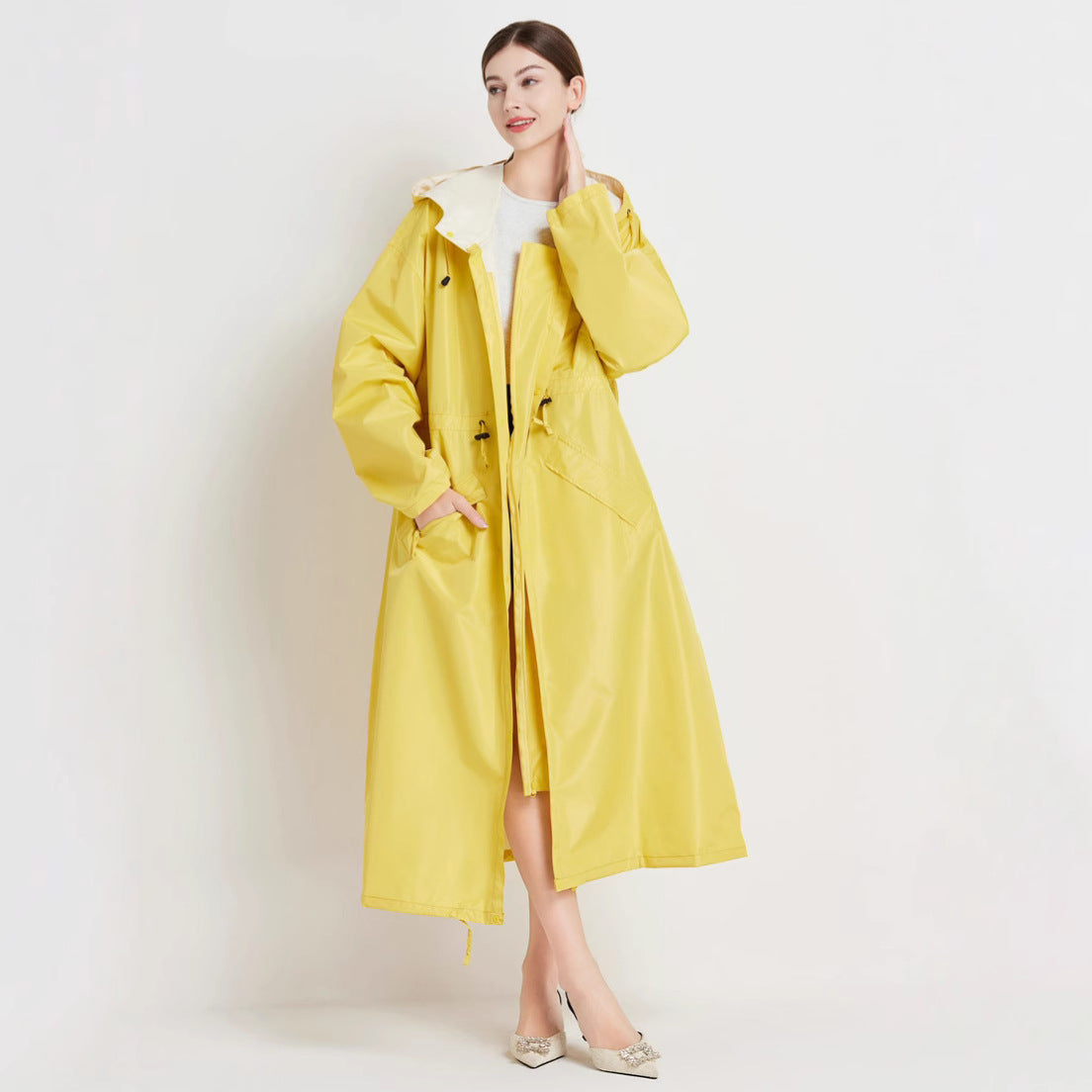 Size M Yellow Womens Chic Lightweight Waterproof Raincoat Long Hooded Packable Jacket With Pouch