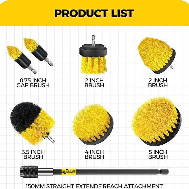 Yellow And Black Complete 7-Piece Drill Brush Power Scrubber Set All-Purpose Cleaning Kit For Bathroom Tile Car Detailin