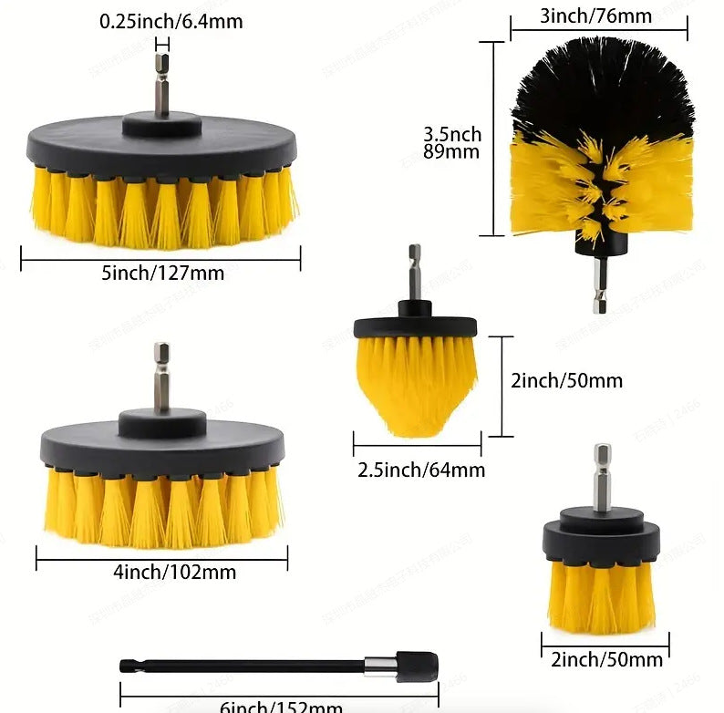 Yellow And Black Complete 7-Piece Drill Brush Power Scrubber Set All-Purpose Cleaning Kit For Bathroom Tile Car Detailin
