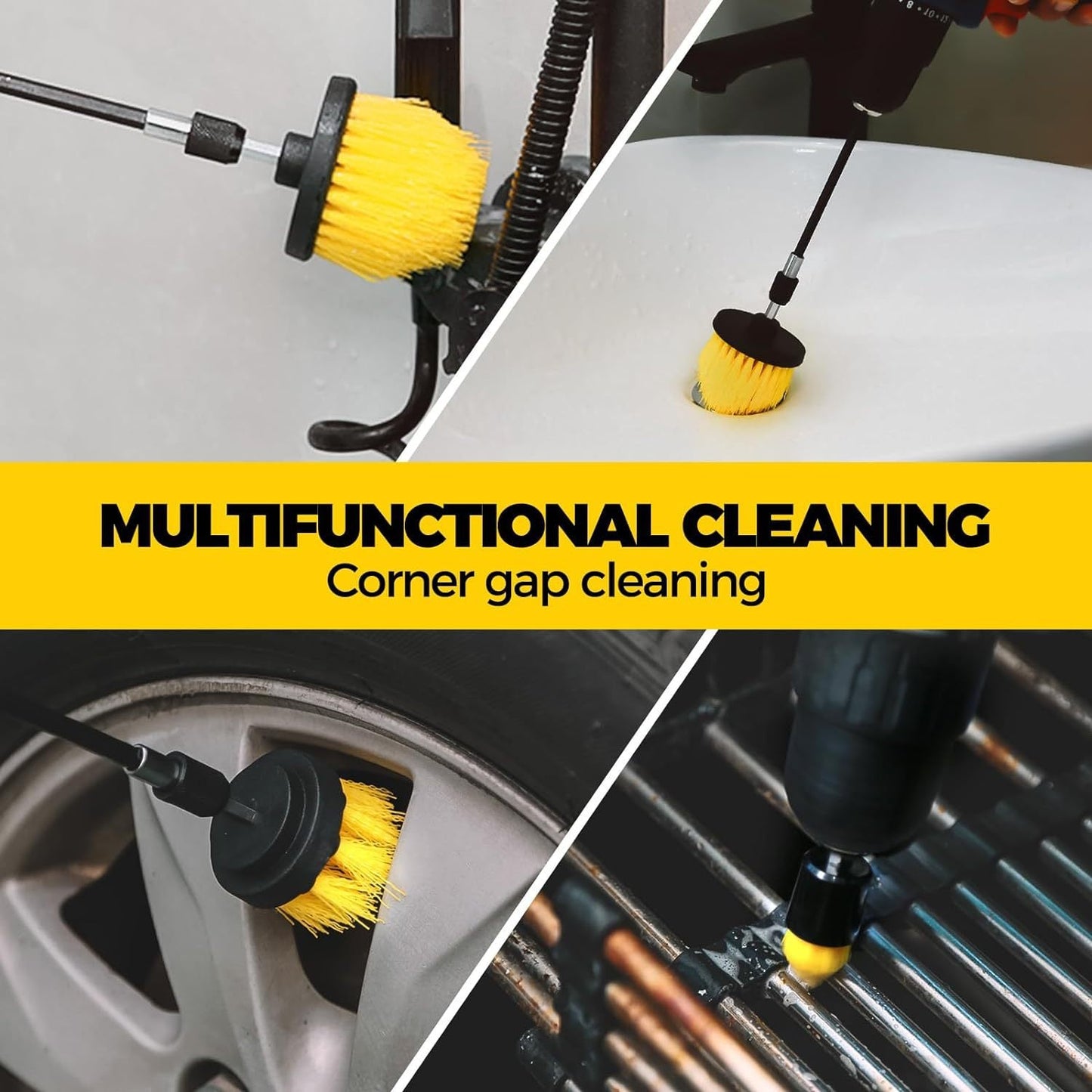 Yellow And Black Complete 7-Piece Drill Brush Power Scrubber Set All-Purpose Cleaning Kit For Bathroom Tile Car Detailin