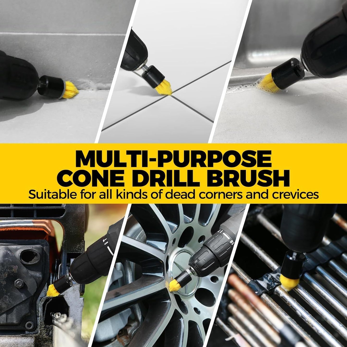 Yellow And Black Complete 7-Piece Drill Brush Power Scrubber Set All-Purpose Cleaning Kit For Bathroom Tile Car Detailin