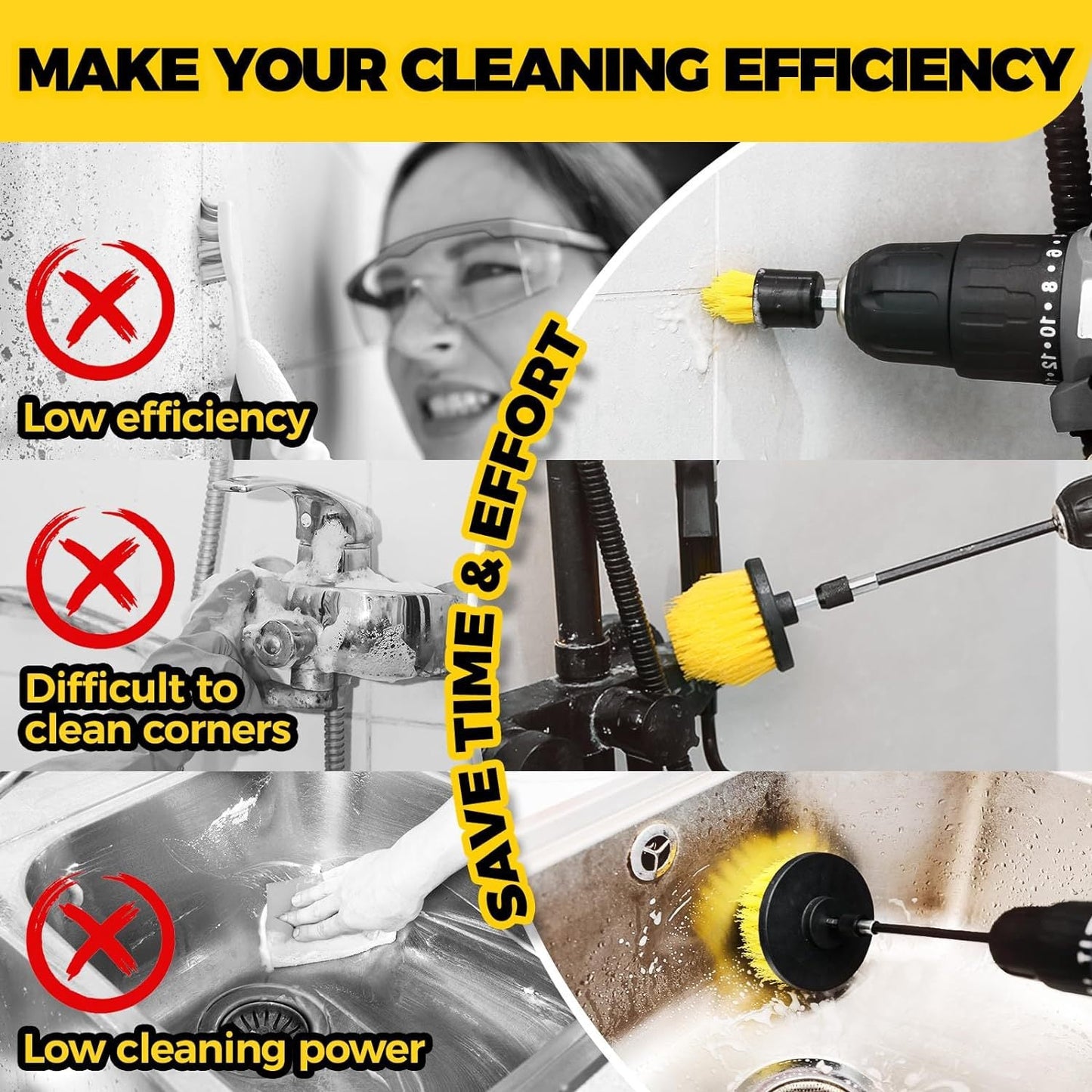 Yellow And Black Complete 7-Piece Drill Brush Power Scrubber Set All-Purpose Cleaning Kit For Bathroom Tile Car Detailin