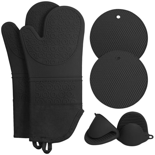 Black 6-Piece Silicone Oven Mitts And Pot Holders Set Extra Long Waterproof Heat Resistant Gloves With Non-Slip Grip For