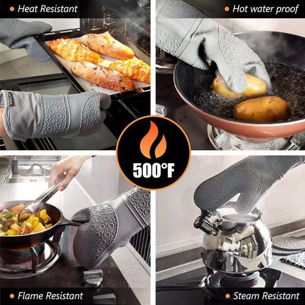 Black 6-Piece Silicone Oven Mitts And Pot Holders Set Extra Long Waterproof Heat Resistant Gloves With Non-Slip Grip For