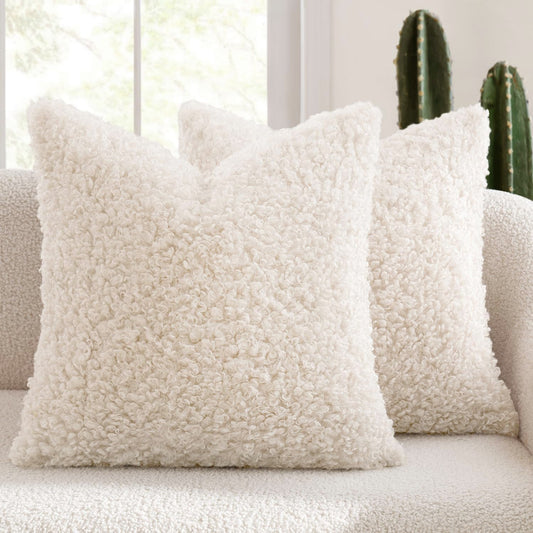 2 Pcs White Cozy Teddy Boucle Cushion Cover Plush Decorative Square Pillow Case For Sofa & Bed
