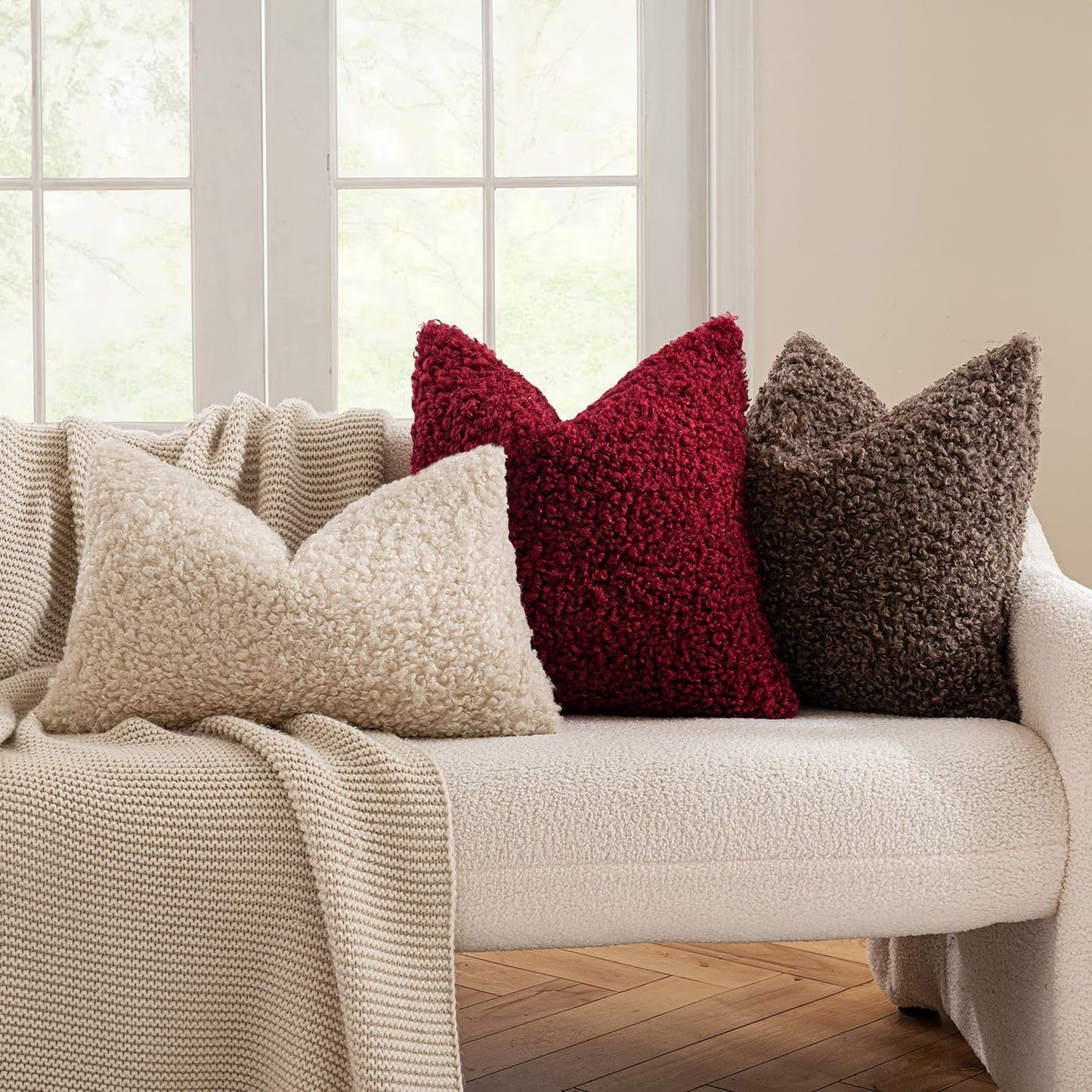 2 Pcs White Cozy Teddy Boucle Cushion Cover Plush Decorative Square Pillow Case For Sofa & Bed