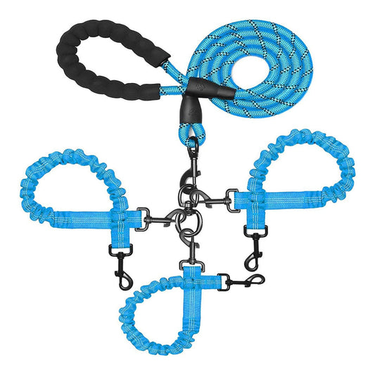 Blue 3 In 1 Tangle Free Dog Leash For Dogs Heavy Duty Bungee Coupler With Reflective Stitching & Padded Handle