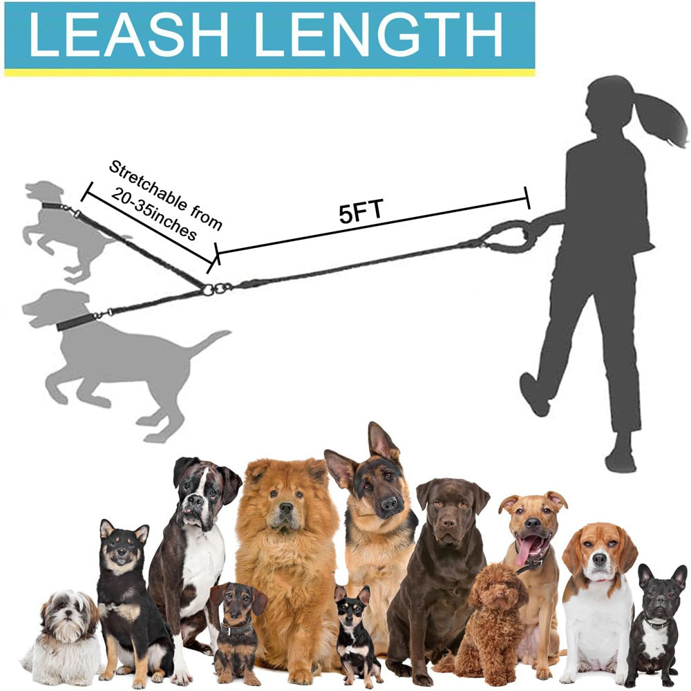 Blue 3 In 1 Tangle Free Dog Leash For Dogs Heavy Duty Bungee Coupler With Reflective Stitching & Padded Handle
