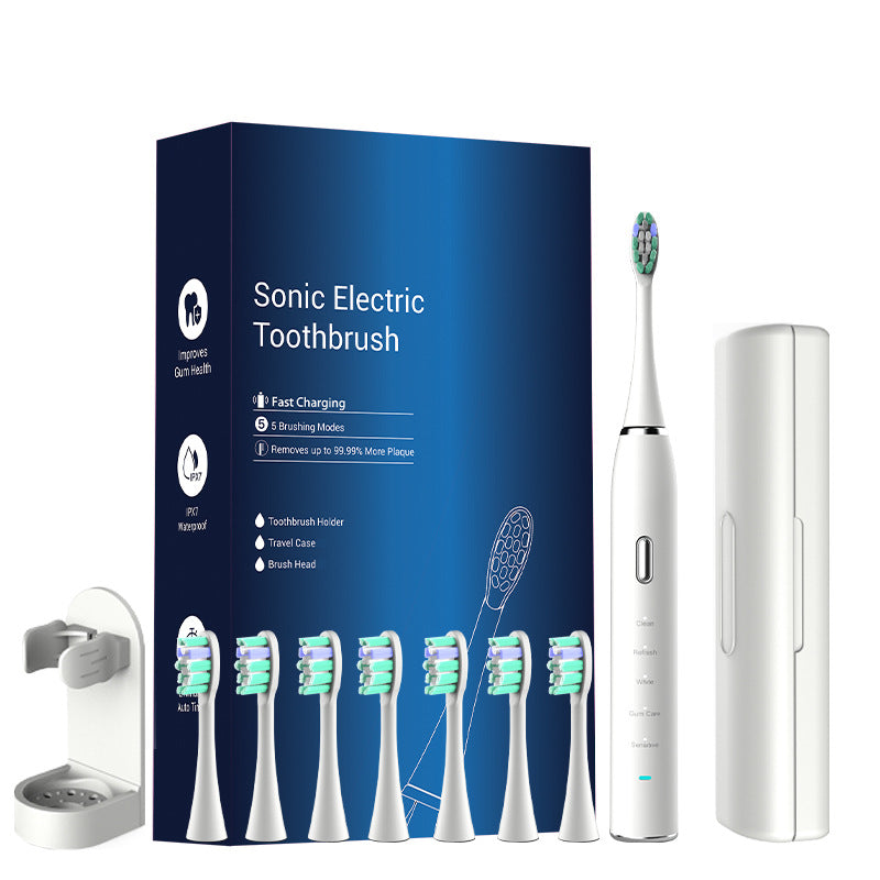 White Sonic Rechargeable Electric Toothbrush With 8 Heads & Travel Case - 5 Brushing Modes Smart Timer(Usb)