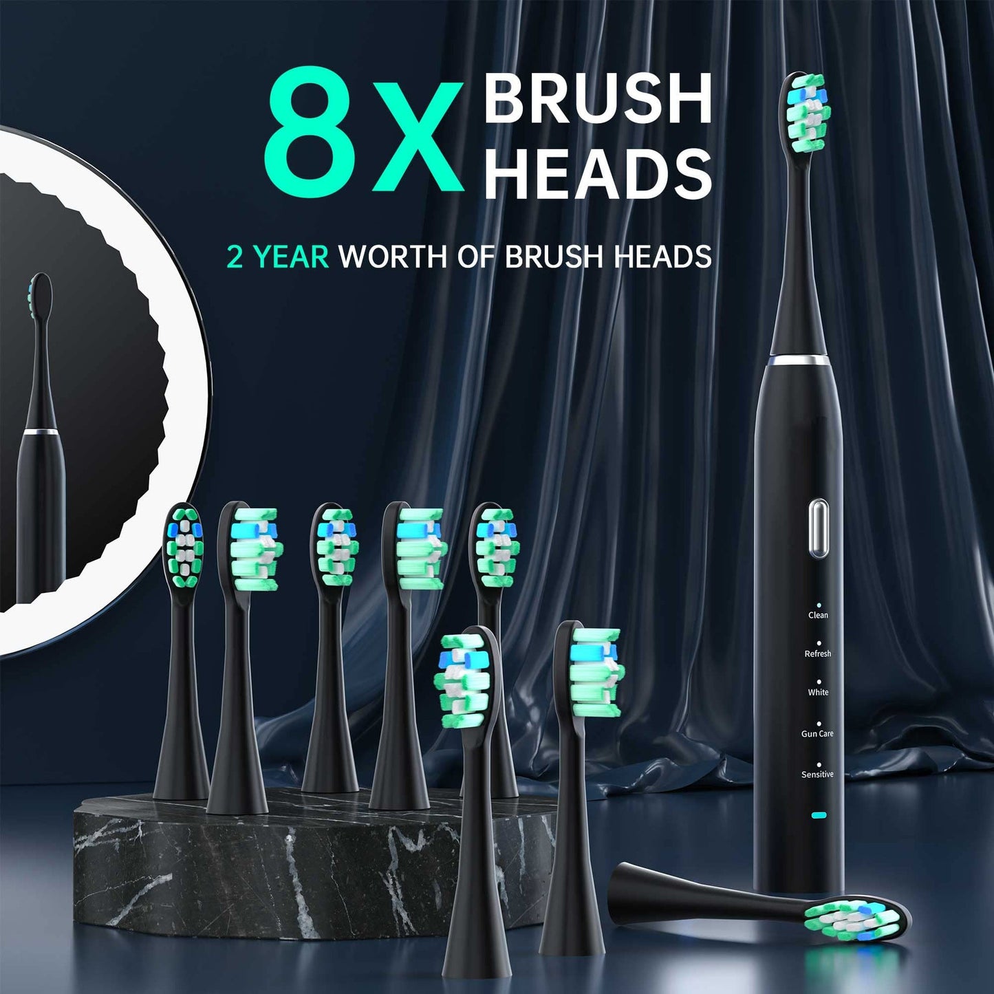 White Sonic Rechargeable Electric Toothbrush With 8 Heads & Travel Case - 5 Brushing Modes Smart Timer(Usb)