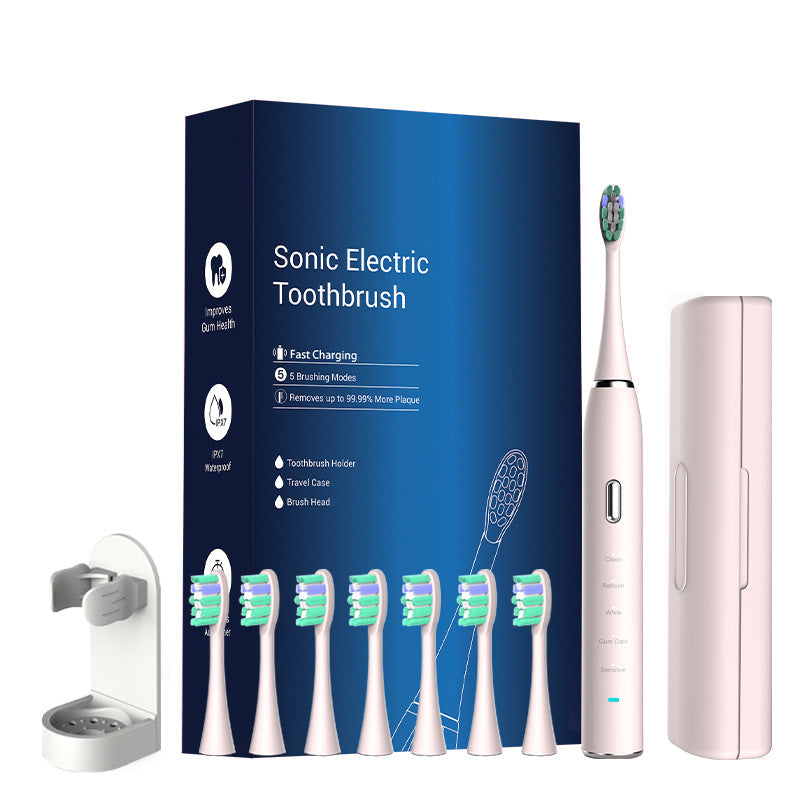 White Sonic Rechargeable Electric Toothbrush With 8 Heads & Travel Case - 5 Brushing Modes Smart Timer(Usb)